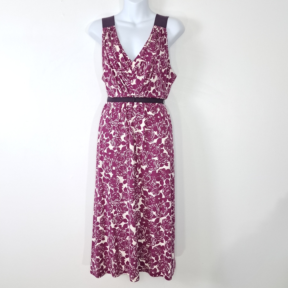 Boden Purple Floral Silk Cotton Blend Jersey Knit Casual Midi Dress